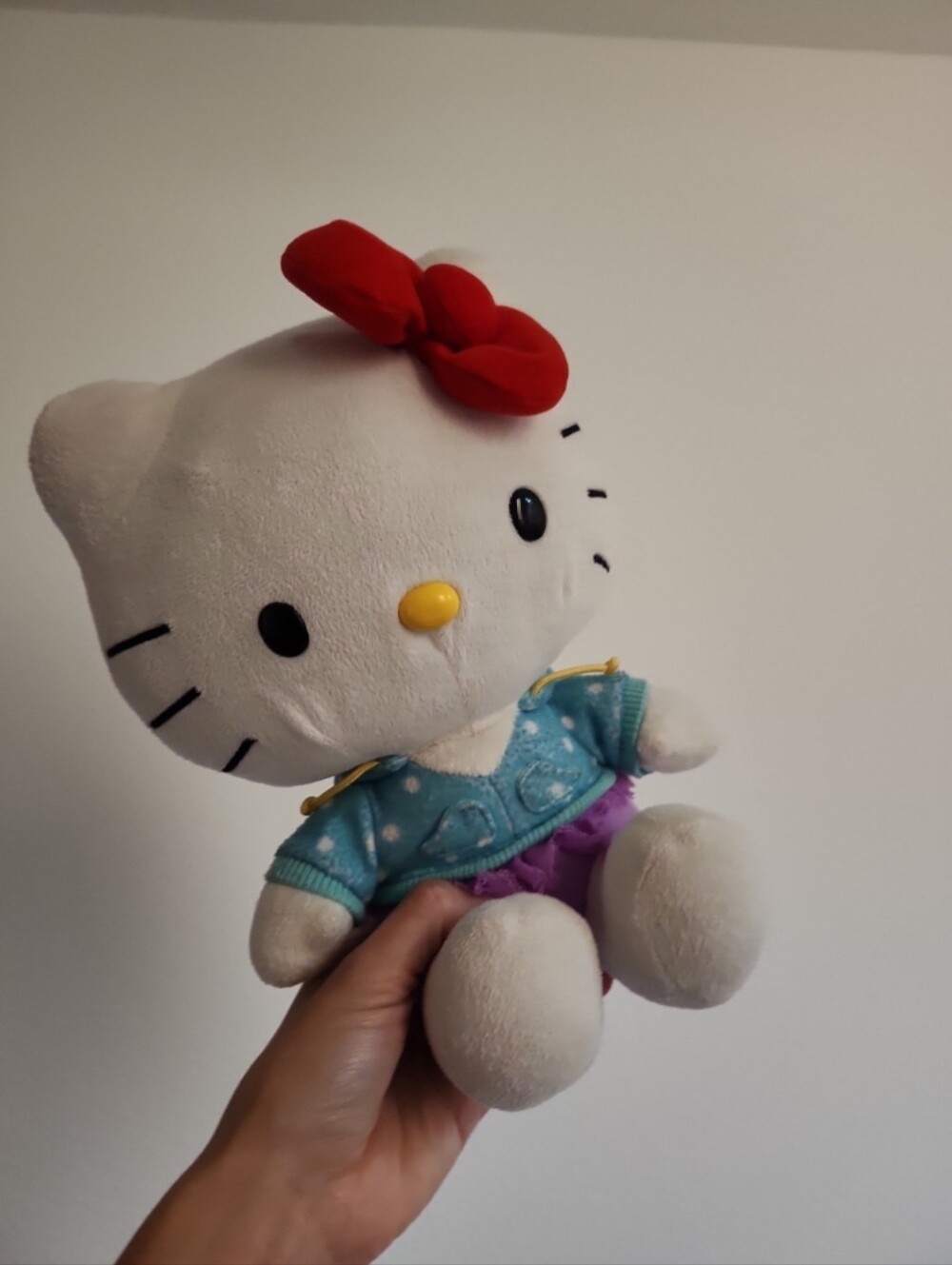 Hello Kitty Plush with Red Bow, White Body, Blue Outfit & Purple Skirt